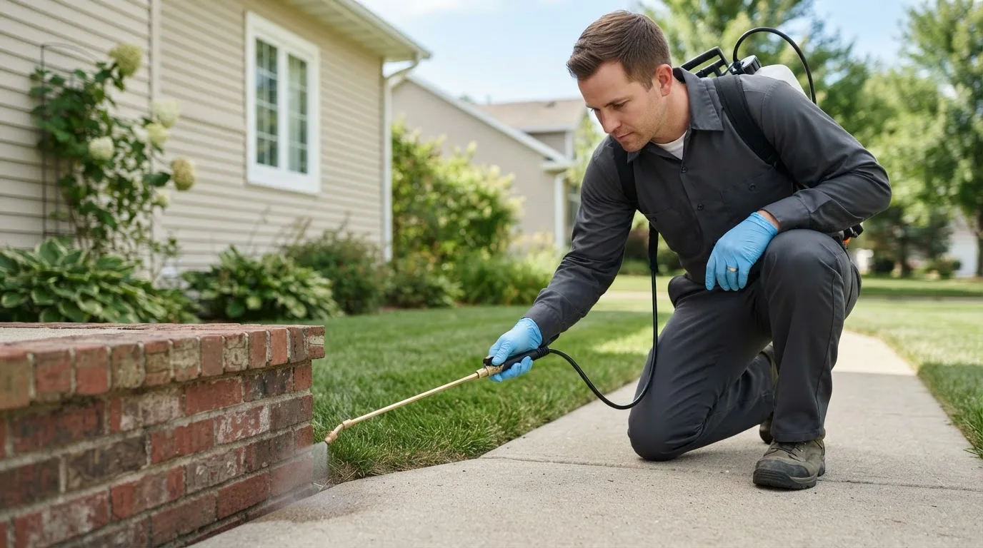 Pest control technician treating a home near Emory, VA